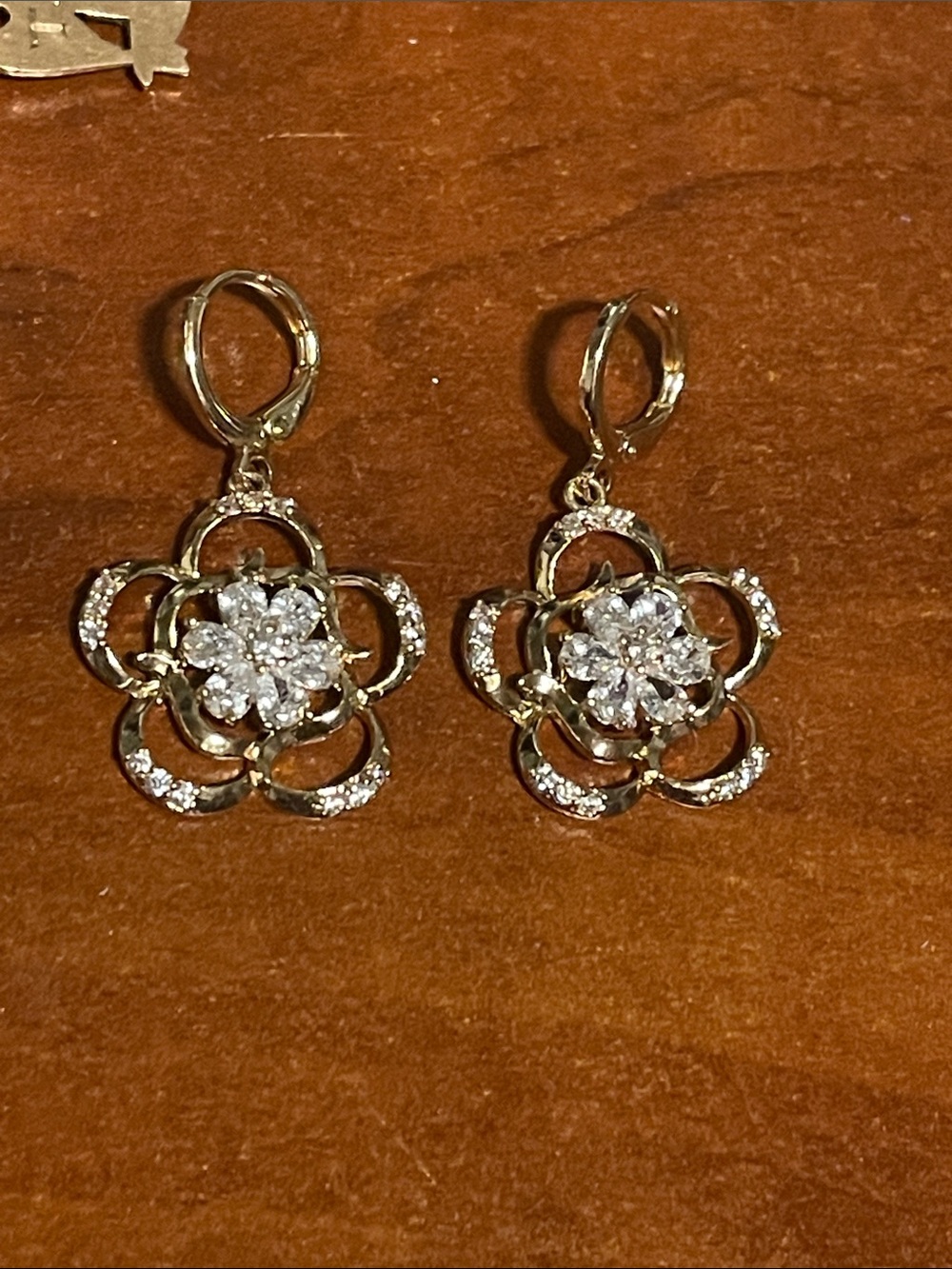 Elegant Gold Flower Drop Earrings with Clear Crystals - Women Jewelry